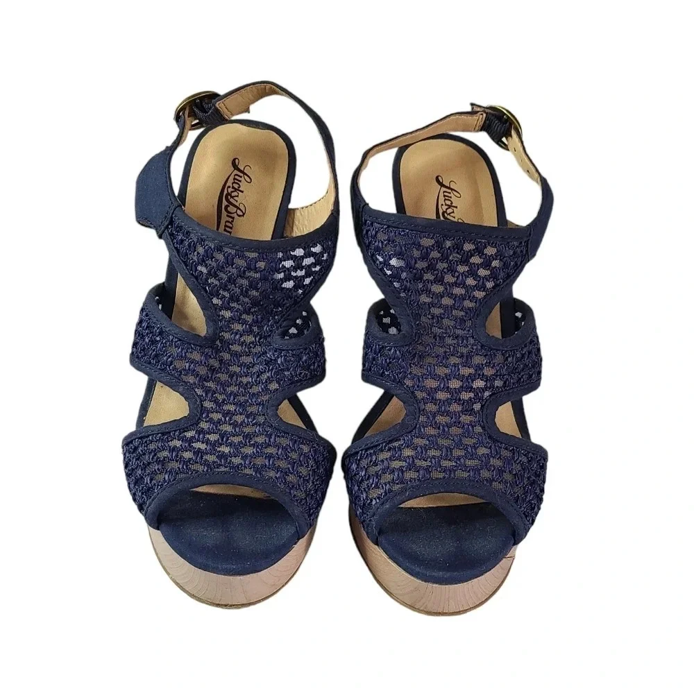 Lucky Brand Navy‎ Lace wood heel high wedge sandal shoe Women's size 7.5